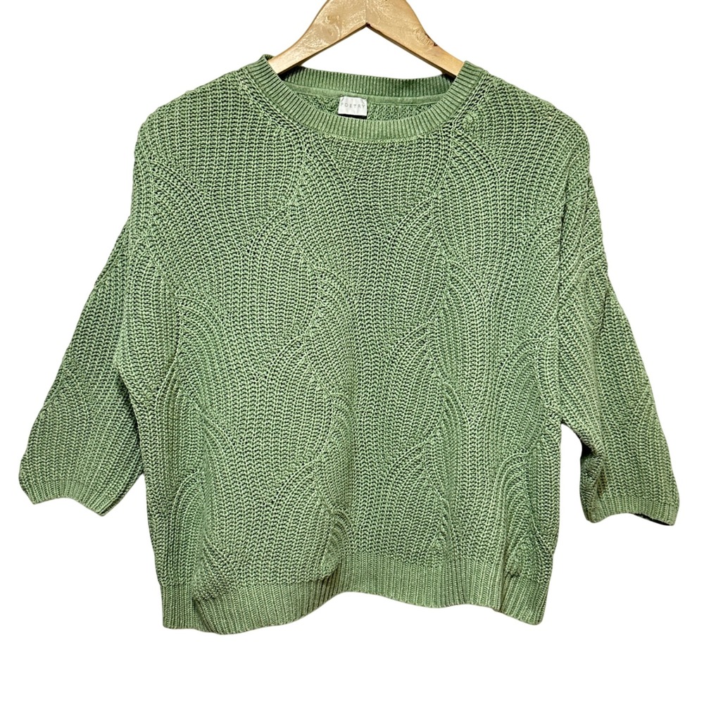 Poetry Textured Sweater Womens 6 Green Cotton Linen Blend Knit Pullover